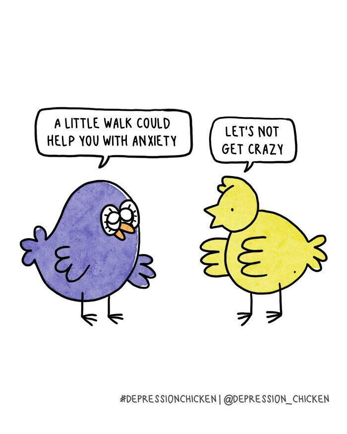 Two birds in a Depression Chicken comic joking about anxiety and dark humor with simple illustration style.