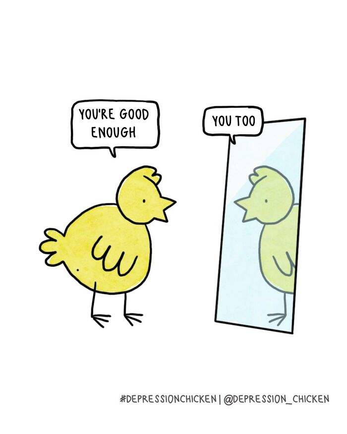 Depression Chicken comic with a yellow bird talking to its reflection, using dark humor to capture anxiety emotions.