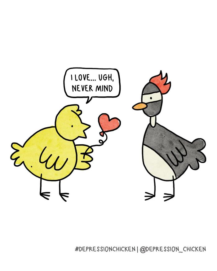 Two cartoon chickens in a depression chicken comic, one holding a heart balloon and struggling to express love.