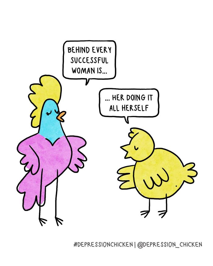 Depression Chicken comic with colorful birds using dark humor to capture life with anxiety and self-reliance.