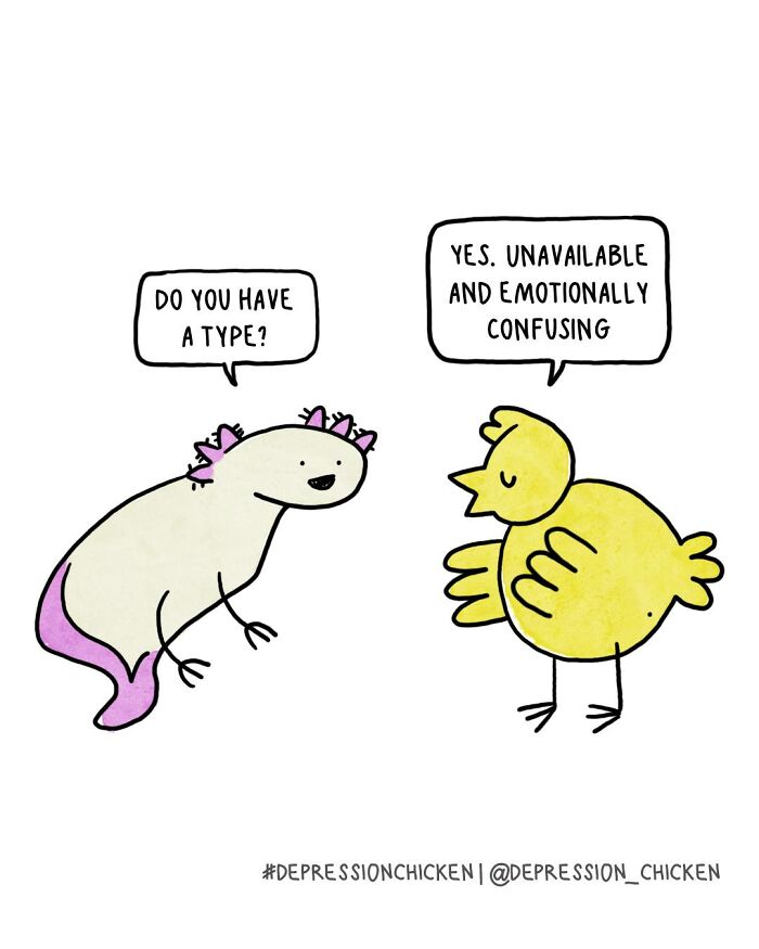 Two comic characters including a yellow Depression Chicken using dark humor to capture life with anxiety.