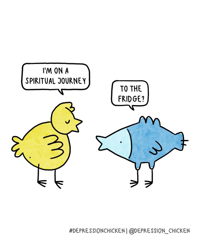Depression Chicken comic with a yellow chicken and blue fish using dark humor to depict life with anxiety.