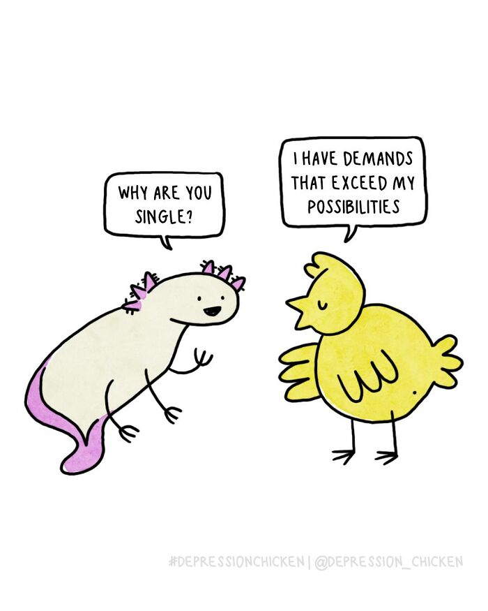 Depression Chicken comic shows a yellow chicken and purple axolotl using dark humor to capture life with anxiety.