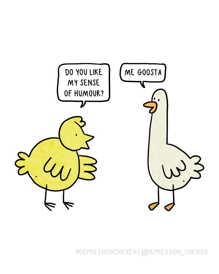 Depression Chicken comic shows a yellow chick and a white bird sharing dark humor about anxiety and sense of humor.