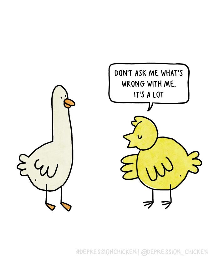 Two simple cartoon birds with one saying "Don't ask me what's wrong with me. It's a lot" in a depression chicken comic style.