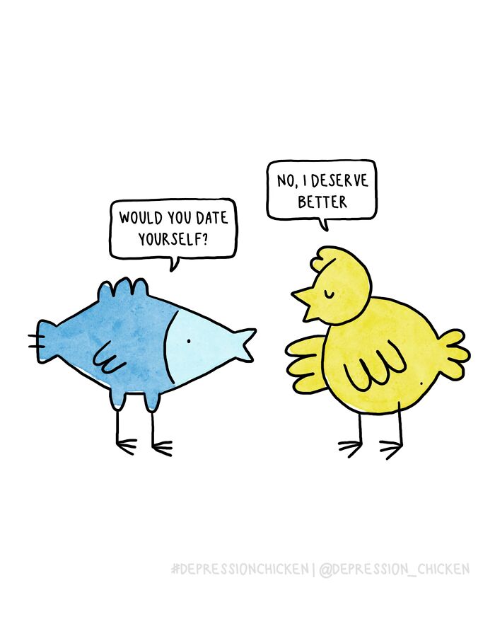 Blue bird asking a yellow depression chicken if it would date itself, comic using dark humor about anxiety.
