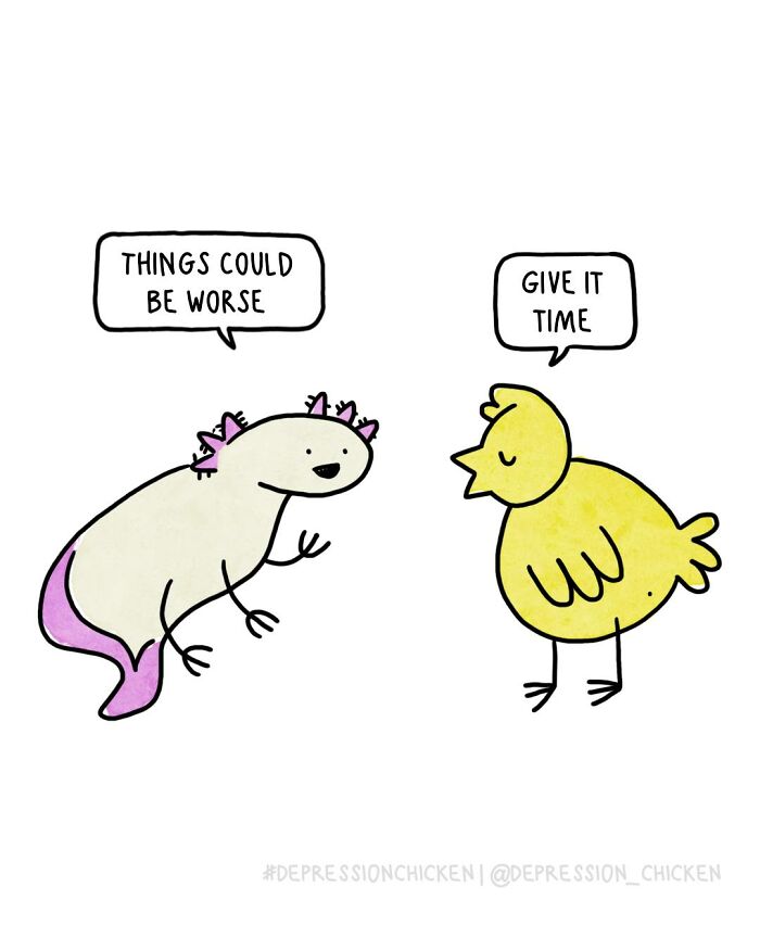 Depression Chicken comic with a yellow chicken and axolotl exchanging dark humor about anxiety and life struggles.