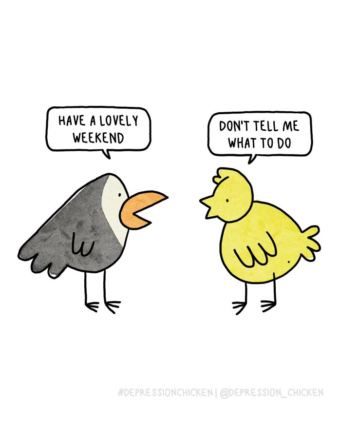 Two cartoon birds in a Depression Chicken comic, using dark humor to capture life with anxiety in a humorous way.