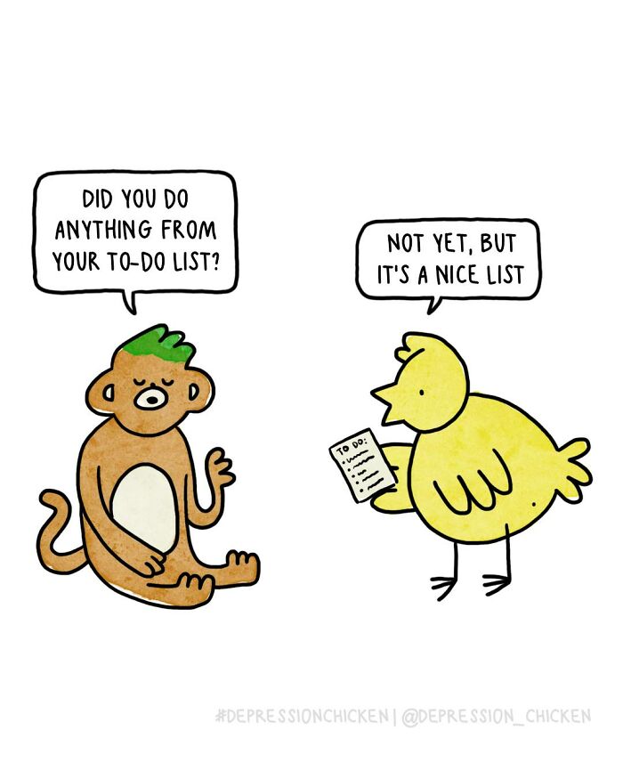Depression Chicken comic featuring a yellow chicken and a monkey discussing an unfinished to-do list with dark humor.