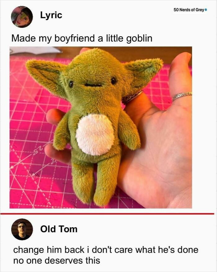 Small handmade goblin plush held in hand, one of the weirdest purchases people would make in a heartbeat.