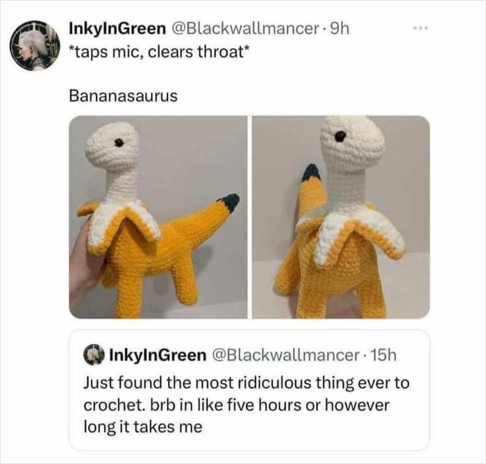 Crocheted Bananasaurus toy combining a banana and dinosaur, an example of weird purchases people would make instantly.