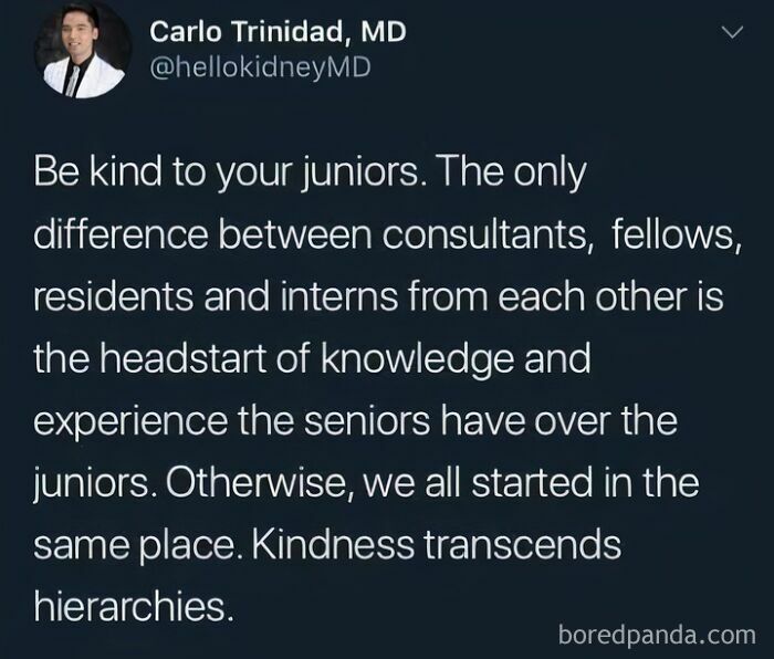 Medical professional sharing advice on kindness and respect among consultants, fellows, residents, and interns in medicine.