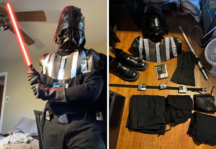 Duct tape Darth Vader Halloween costume with red lightsaber and detailed DIY outfit pieces laid out on a wooden floor.