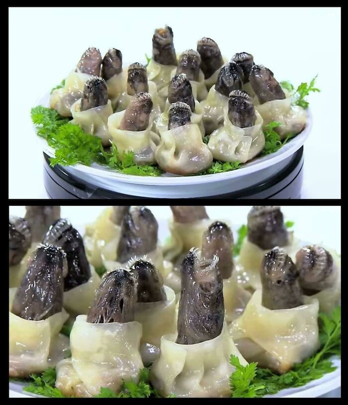 Close-up of unholy food pics showing unusual meat wrapped in dough on a plate garnished with herbs.