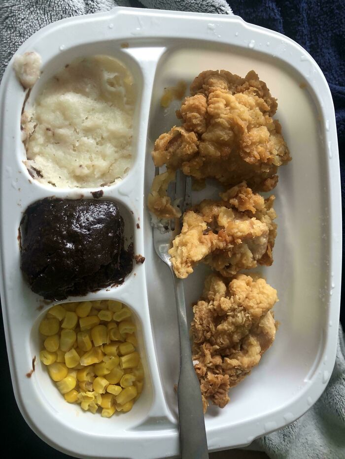 Unholy food pics showing a microwave meal with fried chicken, corn, mashed potatoes, and an unappetizing brownie piece.