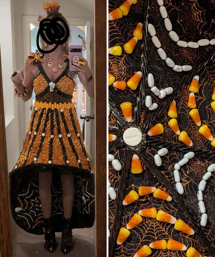 Woman wearing a creative Halloween costume made of candy corn and black licorice, showcasing unique Halloween costume ideas.
