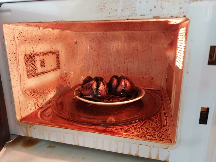 Burnt and unholy food inside a microwave with splattered stains, showing unappealing and unpleasant food pics.