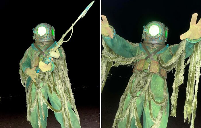 Person wearing a genius Halloween costume inspired by deep-sea diver gear with glowing helmet and tattered green outfit at night.