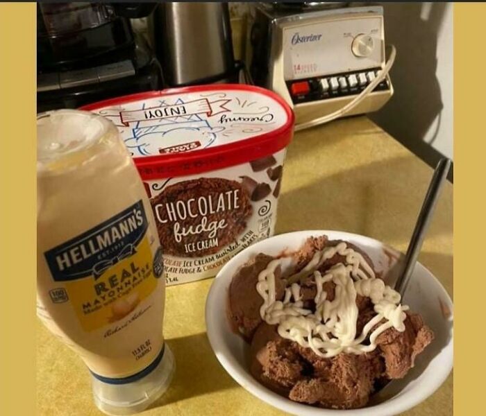 Bowl of chocolate fudge ice cream topped with mayonnaise, showcasing unholy food pics that look unappetizing.