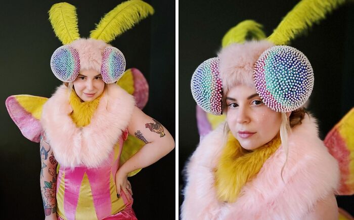 Woman in colorful, creative Halloween costume with large beaded eye headpiece and fuzzy yellow and pink details for Halloween ideas.