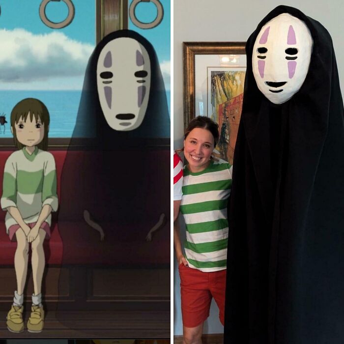 Side-by-side of a No-Face character costume from Spirited Away paired with a fan in a green-striped shirt for Halloween costumes.