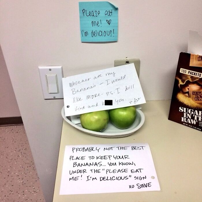 Passive-aggressive coworker notes about stolen bananas and misplaced fruit in an office kitchen setting.