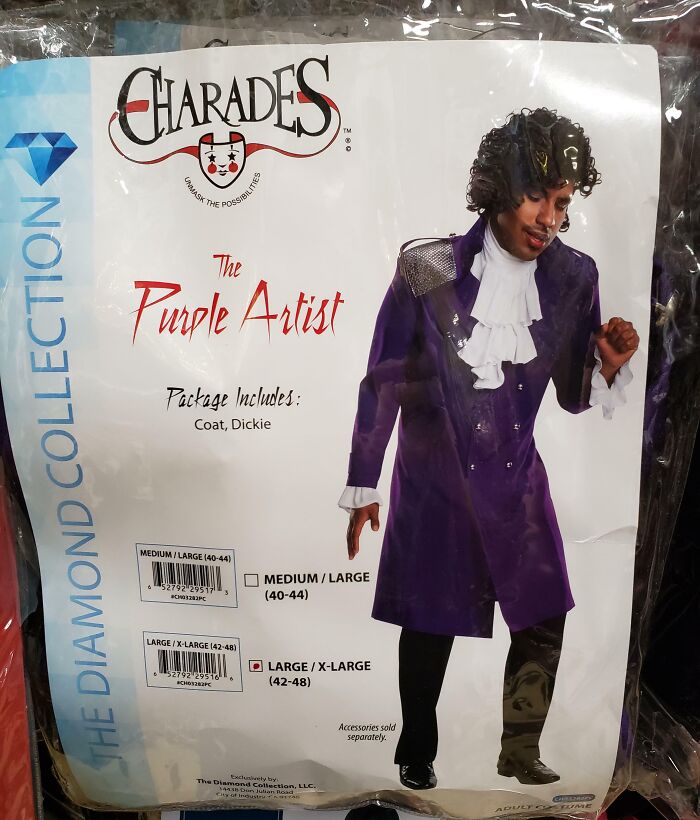 Off-brand Halloween costume called The Purple Artist featuring a purple coat and ruffled shirt in funny style.