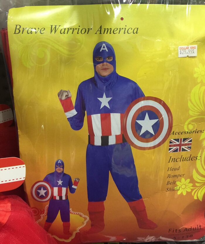 Off-brand Halloween costume called Brave Warrior America, resembling a superhero with a star shield on a yellow background.