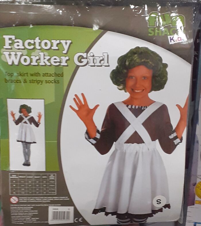 Off-brand Halloween costume packaging featuring a child dressed as Factory Worker Girl with striped socks and green wig.