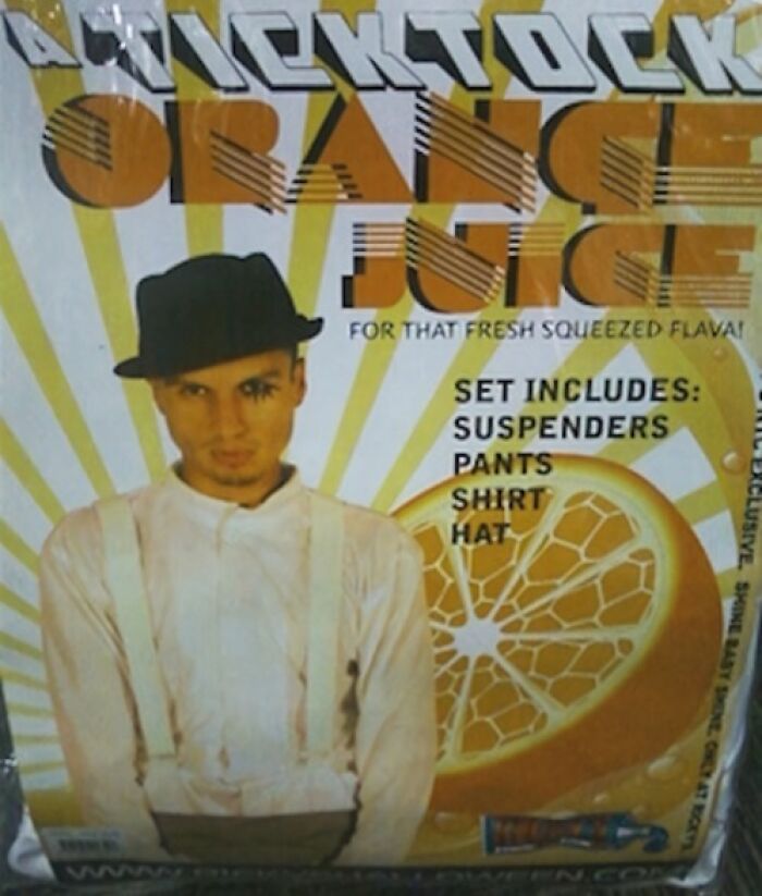 Off-brand Halloween costume packaging featuring a man in suspenders, pants, shirt, and hat with orange juice theme.