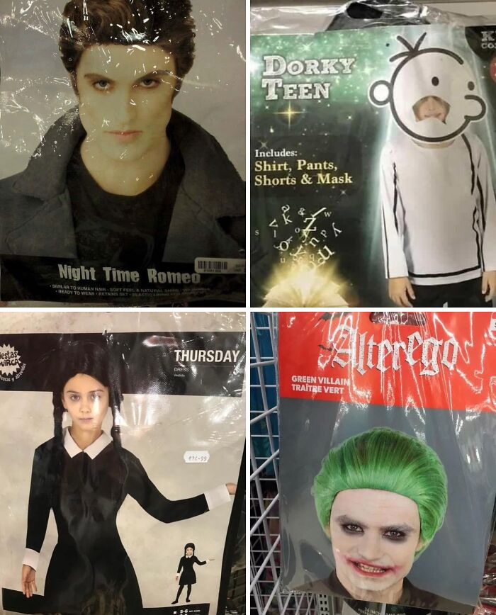 Four off-brand Halloween costumes including Night Time Romeo, Dorky Teen, Thursday, and Alterego green villain displayed in packaging.