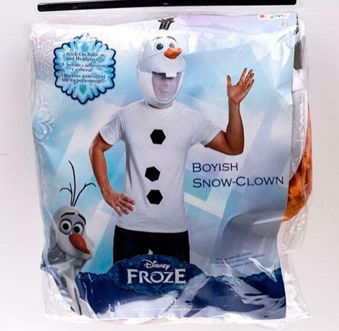 Off-brand funny Halloween costume of a boyish snowman with a simple white t-shirt and paper headpiece.