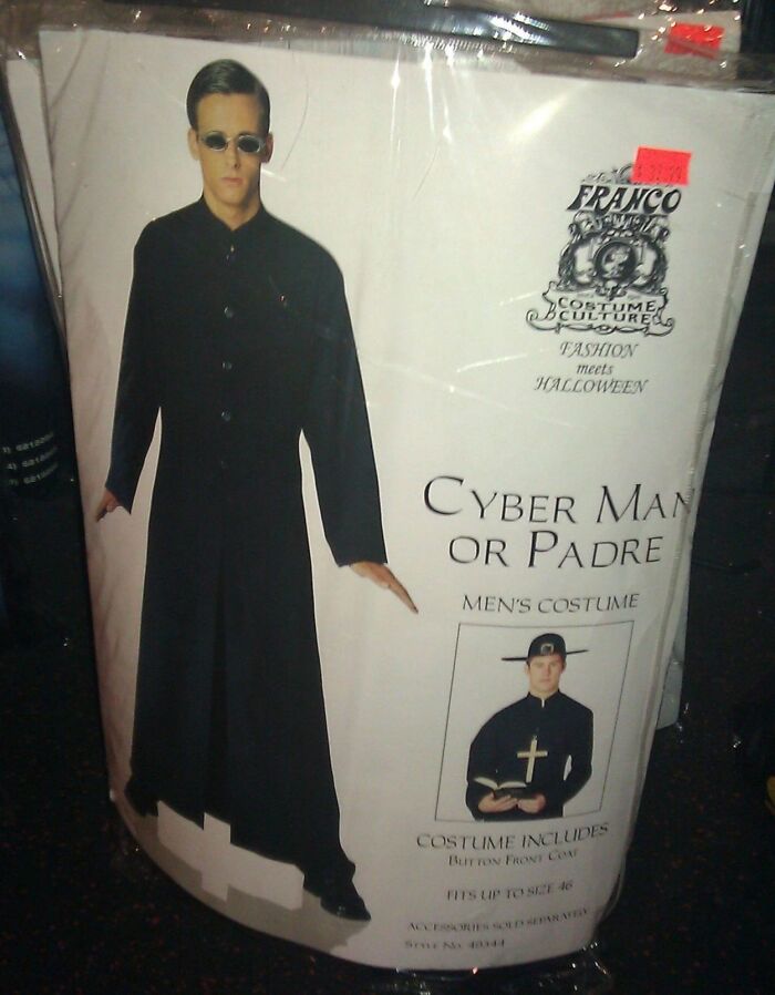 Off-brand Halloween costume featuring a Cyber Man or Padre outfit with long black coat and accessories.