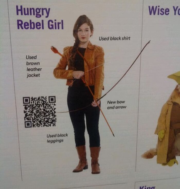 Woman dressed as a funny off-brand Halloween costume "Hungry Rebel Girl" with a bow and arrow and brown leather jacket.