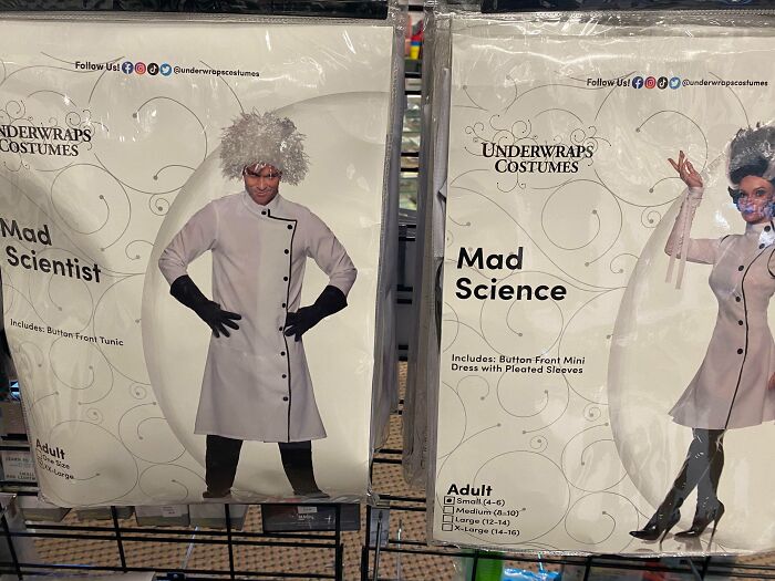 Off-brand Halloween costumes featuring funny mad scientist outfits with wigs and lab coats for adults on display.