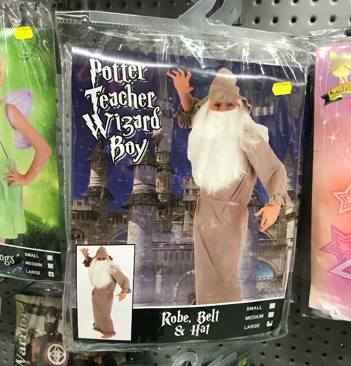 Off-brand Halloween costume of a wizard boy with robe, belt, and hat, showcasing funny and unique Halloween costume ideas.