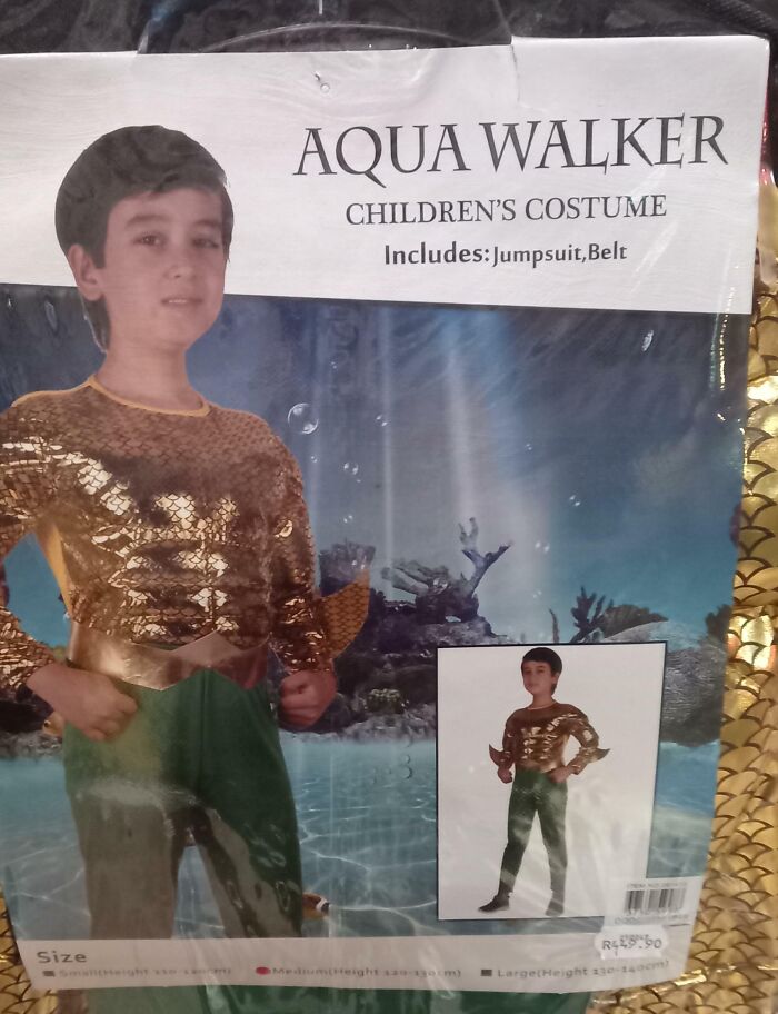 Child wearing off-brand Aqua Walker Halloween costume with gold top and green pants, posing underwater background.