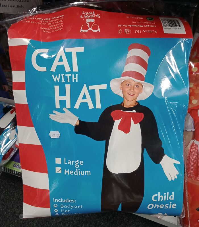 Off-brand Halloween costume packaging for a child’s Cat with Hat costume featuring a red and white striped hat.