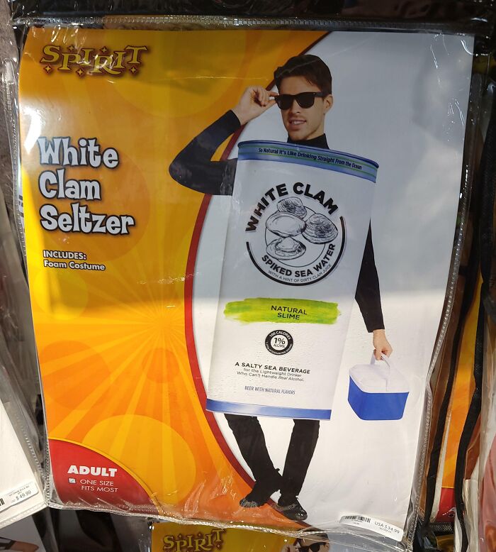 Man wearing a funny off-brand Halloween costume as a foam White Clam Seltzer can with sunglasses and cooler box.