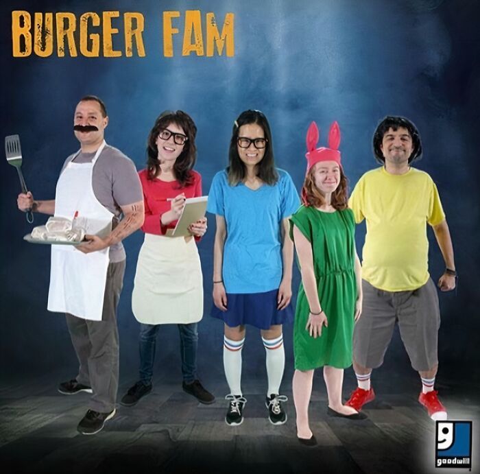 Group dressed in off-brand Halloween costumes inspired by the Burger Fam, showcasing funny and creative costume ideas.