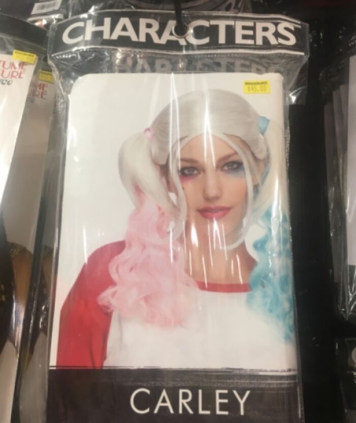Off-brand Halloween costume packaging showing a woman with pink and blue pigtails and smudged makeup, funny off-brand Halloween costumes.
