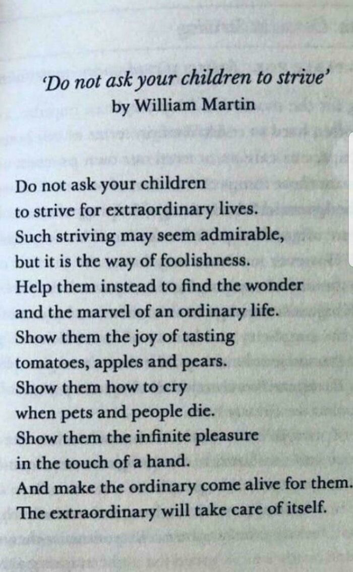 Page from a book showing a poem about appreciating the marvels of ordinary life and simple living values.