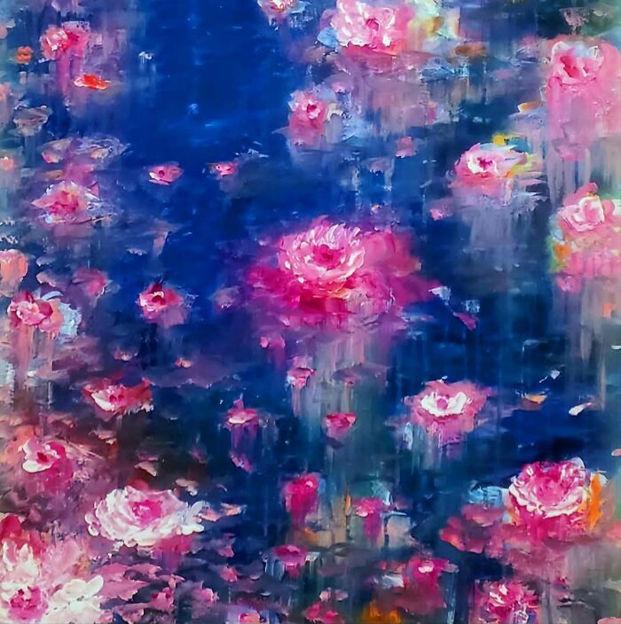 Abstract painting of vibrant pink flowers with blue background, evoking calm and simple living concepts.