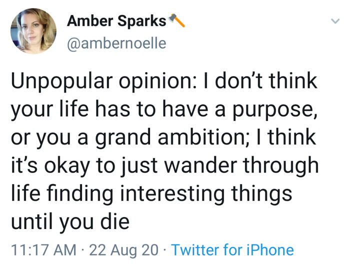 Tweet about happiness and life perspective, highlighting finding joy in small, interesting things without grand ambitions.