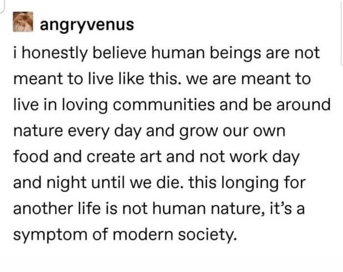 Text post reflecting on simple living and the desire to live in nature, create art, and escape modern society's demands.