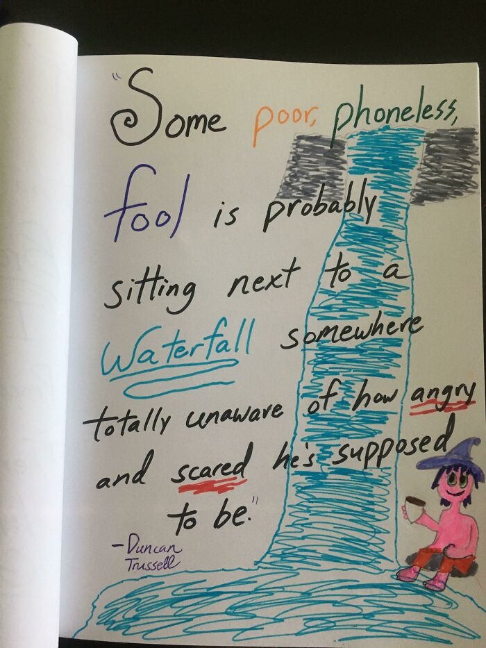 Handwritten quote about nature and emotions with a waterfall drawing, illustrating simple living and appreciating less.