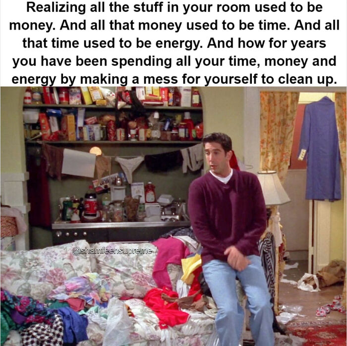 Messy room with clothes and items scattered, illustrating the cost of clutter in time, money, and energy in simple living.