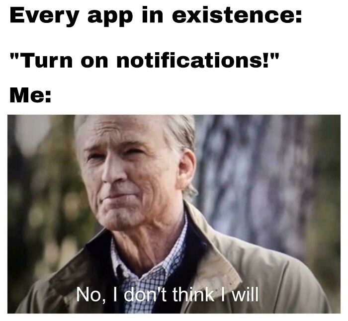 Older man outdoors with a calm expression, caption humorously rejecting digital notifications, reflecting simple living values.
