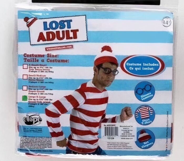 Man in an off-brand Halloween costume wearing red and white stripes and glasses, one of the funniest off-brand Halloween costumes.