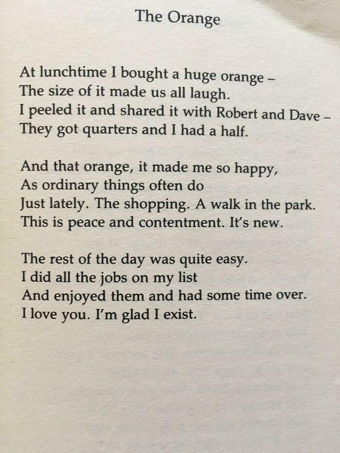 Poem about simple living appreciating ordinary moments like sharing an orange and finding contentment and peace.